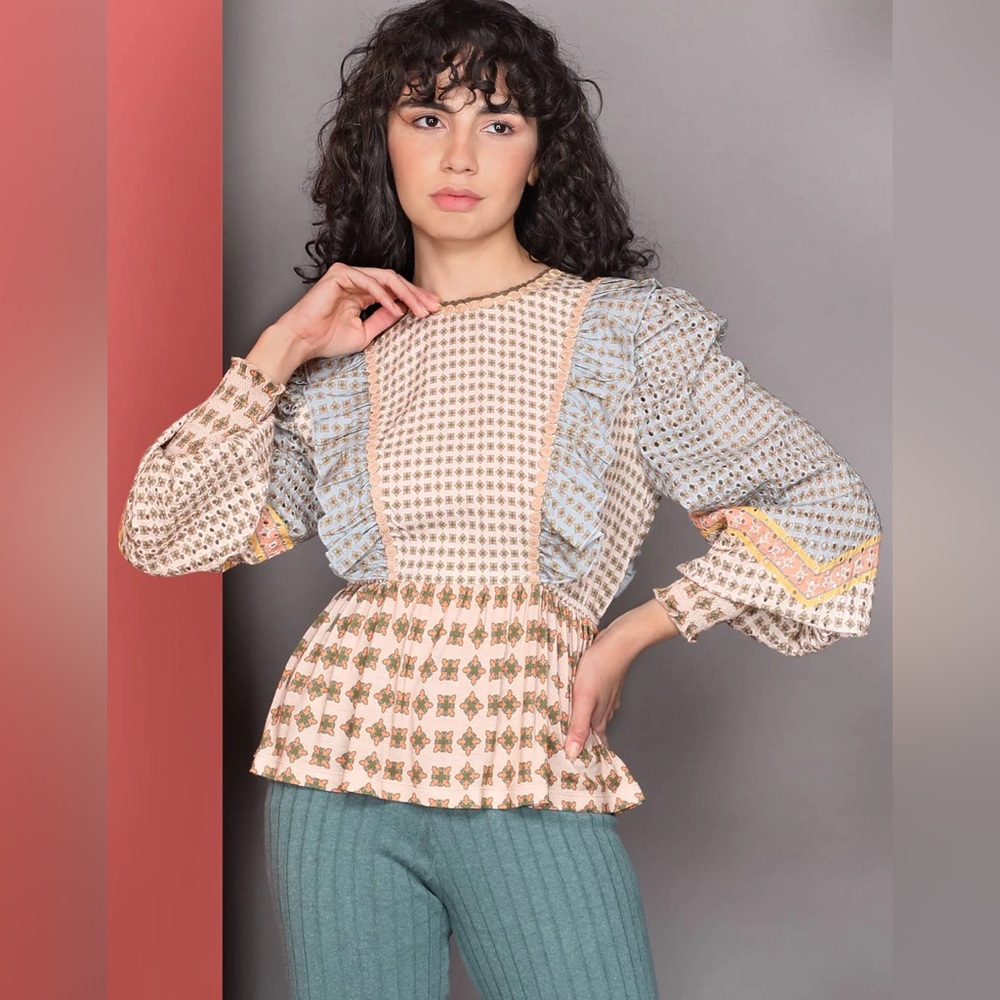 Conditions Apply Anthropologie Boho Ruffle Eyelet Balloon Long Sleeve Blouse M